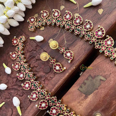 Vriksham Elegant Manga Reversible Kundan Jadau Long Neckpiece-Red Green & White-Green Bead-J4119