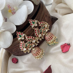 Vriksham Unique Dual Peacock Jhumka-Red Green-Pastel Green Bead-G18275