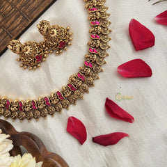 Vriksham Antique Lakshmi With Floral Coin Short Neckpiece-Red-G19171