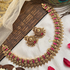 Vriksham Antique Lakshmi With Floral Coin Short Neckpiece-Red-G19171