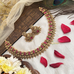 Vriksham Antique Lakshmi With Floral Coin Short Neckpiece-Red-G19171