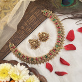 Vriksham Antique Lakshmi With Floral Coin Short Neckpiece-Red Green-G19172