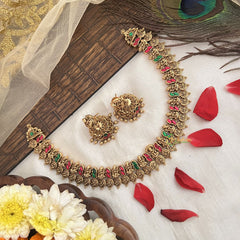 Vriksham Antique Lakshmi With Floral Coin Short Neckpiece-Red Green-G19172