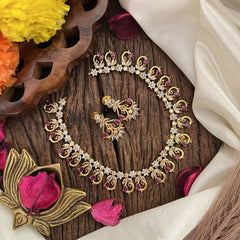 Vriksham Exquisite Floral Peacock AD Stone Short Neckpiece-White Red-G17928