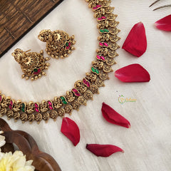 Vriksham Antique Lakshmi With Floral Coin Short Neckpiece-Red Green-G19172