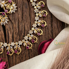 Vriksham Exquisite Floral Peacock AD Stone Short Neckpiece-White Red-G17928