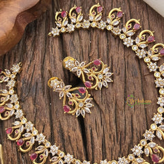 Vriksham Exquisite Floral Peacock AD Stone Short Neckpiece-White Red-G17928
