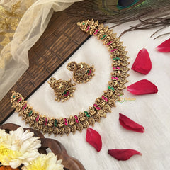 Vriksham Antique Lakshmi With Floral Coin Short Neckpiece-Red Green-G19172