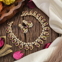 Vriksham Exquisite Floral Peacock AD Stone Short Neckpiece-White Red-G17928