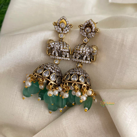 Fancy Haathi Victorian Diamond Jhumkas-Aqua Green-Pearls & Beads-VV1289