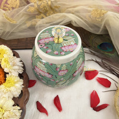 Vriksham Peacock With Lotus Floral Designs Metal Pichwai Jar-RG268