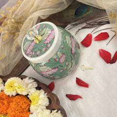 Vriksham Peacock With Lotus Floral Designs Metal Pichwai Jar-RG268