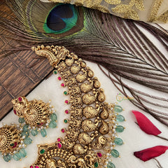 Vriksham Designer Lakshmi With Peacock Style Neckpiece-Green Red-Green Bead-G19097