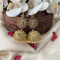 Vriksham Gold Look Alike Lakshmi Jhumka Earring-Red Green-Off white Bead-G18246