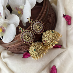 Vriksham Gold Look Alike Lakshmi Jhumka Earring-Red Green-Off white Bead-G18246