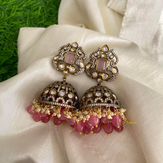 Elegant Pearl Pink Victorian Diamond Jhumkas-Pearls & Beads-VV1255