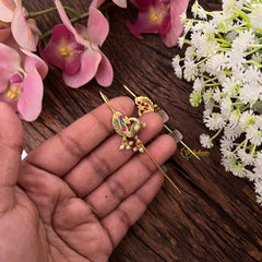 Vriksham Traditional Gold-Plated Peacock Red Green Stones and Pearl Bugadi Style Earrings-G22127