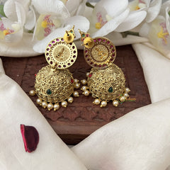 Vriksham Gold Look Alike Lakshmi Jhumka Earring-Red Green-Off white Bead-G18246