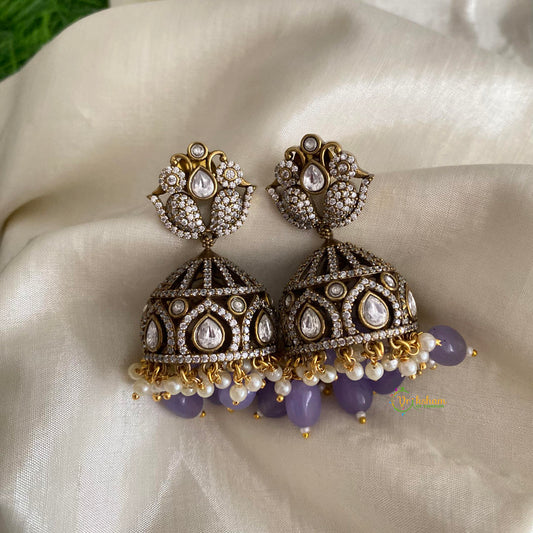 Trendy Purple Dual Parrot Victorian Diamond Jhumkas-Pearls & Beads-VV1269