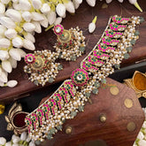 Vriksham Bridal Peacock Motif Cluster Choker Kundan Jadau Short Neckpiece-Red Green & White-Green Bead & Pearls-J4117