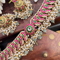 Vriksham Bridal Peacock Motif Cluster Choker Kundan Jadau Short Neckpiece-Red Green & White-Green Bead & Pearls-J4117