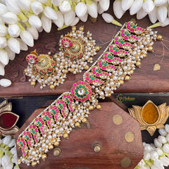 Vriksham Bridal Peacock Motif Cluster Choker Kundan Jadau Short Neckpiece-Red Green & White-Gold Bead & Pearls-J4116