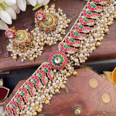 Vriksham Bridal Peacock Motif Cluster Choker Kundan Jadau Short Neckpiece-Red Green & White-Gold Bead & Pearls-J4116