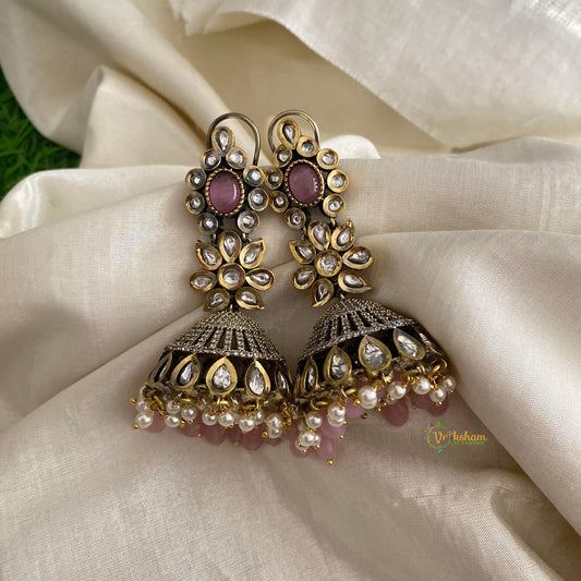 Floral Victorian Diamond Jhumkas-Pastel Pink-Pearls-VV1305