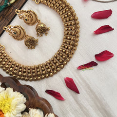 Vriksham Gold Plated Temple Kasu Mala Neckpiece With Green Thread-G19118