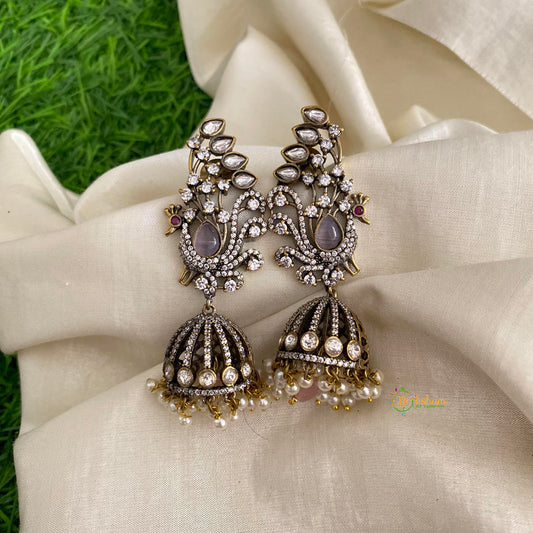 Elegant Pearl Pink Mayil Victorian Diamond Jhumkas-Pearls & Beads-VV1258