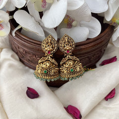 Vriksham Gold Look Alike Lakshmi Dual Peacock Jhumka-Red Green-Pastel Green Bead-G18262