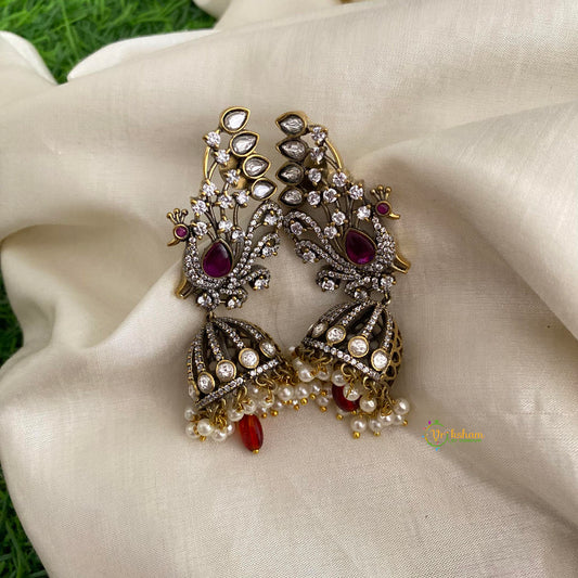Ruby Red Mayil Victorian Diamond Jhumkas-Pearls & Beads-VV1260