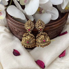 Vriksham Gold Look Alike Lakshmi Dual Peacock Jhumka-Red-Gold Bead-G18264