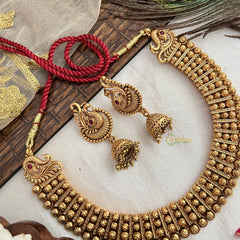 Vriksham Gold Plated Temple Kasu Mala Neckpiece With Red Thread-G19117