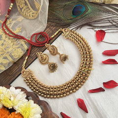 Vriksham Gold Plated Temple Kasu Mala Neckpiece With Red Thread-G19117