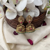 Vriksham Gold Look Alike Lakshmi Dual Peacock Jhumka-Red-Pastel Green Bead-G18261