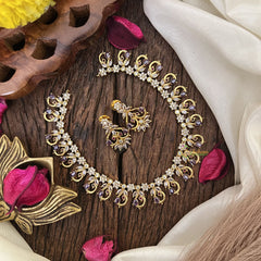 Vriksham Exquisite Floral Peacock AD Stone Short Neckpiece-Lavender-G17929