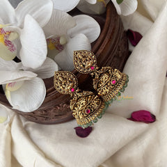 Vriksham Gold Look Alike Lakshmi Dual Peacock Jhumka-Red-Pastel Green Bead-G18261