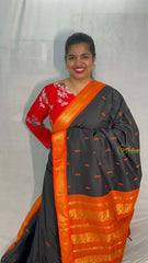 Vriksham Black & Orange Border With Golden Butta Design Kalyani Cotton Saree-VS4969