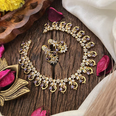 Vriksham Exquisite Floral Peacock AD Stone Short Neckpiece-Lavender-G17929