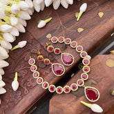 Vriksham Premium Round CZ Stone With Teardrop Pendant Short Neckpiece-Red-G21531