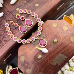 Vriksham Premium Round CZ Stone With Teardrop Pendant Short Neckpiece-Red-G21531