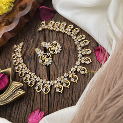 Vriksham Exquisite Floral Peacock AD Stone Short Neckpiece-White-G17927