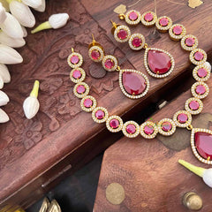 Vriksham Premium Round CZ Stone With Teardrop Pendant Short Neckpiece-Red-G21531