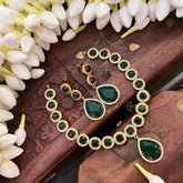 Vriksham Premium Round CZ Stone With Teardrop Pendant Short Neckpiece-Green-G21527