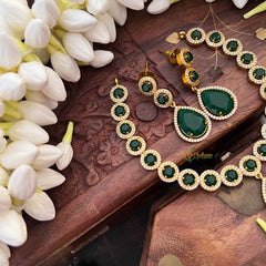 Vriksham Premium Round CZ Stone With Teardrop Pendant Short Neckpiece-Green-G21527