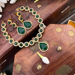 Vriksham Premium Round CZ Stone With Teardrop Pendant Short Neckpiece-Green-G21527