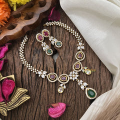 Vriksham Elegant AD Stone Tear Drop Short Neckpiece-Red Green-G17902