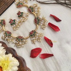 Vriksham Lotus Style With Moon Neckpiece-Red Green-Pearl-G19123