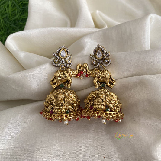 Trendy Gold Alike Elephant Victorian Jhumkas-Red White Pearls-G12020